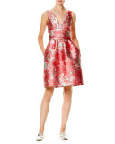 Sleeveless V-Neck Jacquard Cocktail Dress, Red/Multi