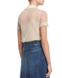 Short-Sleeve Macrame-Trim Blouse, Ivory