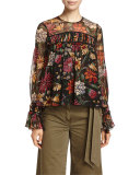 Monarch Wildflower-Print Long-Sleeve Silk Top, Multicolor