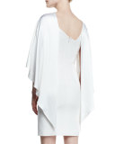 Cape-Sleeve Asymmetric-Neck Silk Dress, White