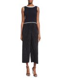 Elba Plisse Pull-On Cropped Wide-Leg Pants, Black