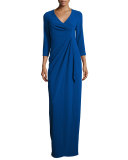 3/4-Sleeve Ruched Column Gown, Royal