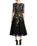 Embroidered Tulle Cocktail Dress, Black