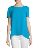 Maggy Short-Sleeve Silk Button-Back Top, Capri Blue