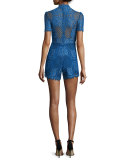 Heidi Short-Sleeve Lace Romper, Passionate Blue