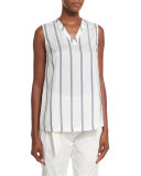 Regimental-Striped Silk V-Neck Top, White/Blue