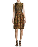 Sleeveless Tapestry & Medallion Jacquard Dress, Gold