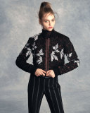 Floral-Lace Satin Cropped Bomber Jacket