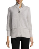 Mixed-Ribbed Knit Zip Jacket, Fog