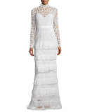 Primrose Long-Sleeve Tiered Lace Gown, White