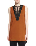 Sleeveless Lace-Inset Blouse, Mustard/Black