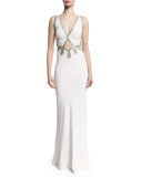 Embellished-Trim Deep-V Gown, White