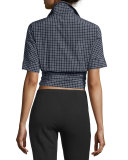 Short-Sleeve Windowpane Wrap Blouse, Black/White