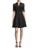 Half-Sleeve Lace-Bodice Shirtdress, Black