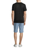 Linen-Blend Flat-Front Shorts, Faded Denim