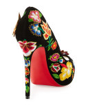 Folklo Embroidered Velvet Red Sole Pump, Black/Multi