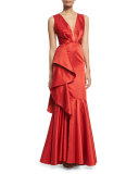 Princess Victoria Ruffled Deep-V Sleeveless Gown, Red