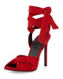 Delilah Suede Ankle-Wrap Sandal, Medium Red