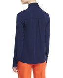 Britni Long-Sleeve Silk Tie-Neck Top, Midnight