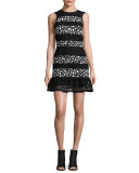 Daisy Paneled Lace Flounce-Hem Dress, Black/White