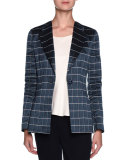 Single-Breasted Windowpane-Jacquard Jacket, Navy/White