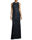Floral-Sequin Sleeveless Jewel-Neck Gown, Dark Navy