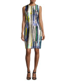 Sleeveless Striped Twill Cocktail Dress, Multicolor