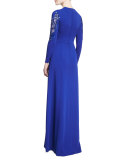 Illusion Beaded Long-Sleeve Double-Slit Gown, Royal Blue