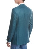 Solid Wool-Silk-Linen Two-Button Blazer, Teal Green/Blue