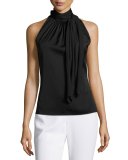 Pleated High-Tie-Neck  Sleeveless Top, Black