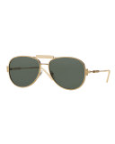 Leather-Trim Monochromatic Aviator Sunglasses, Gold/Green