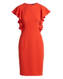 Ruffled Short-Sleeve Cocktail Dress, Coral 