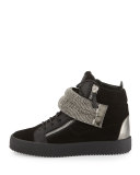 Leather Mid-Top Sneaker with Jeweled Strap, Black