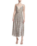 Sequined Wrap-Bodice Slip Dress, Praline