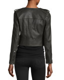 Zeno Cropped Leather Jacket with Fringe, Smokey Ash
