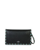 Rockstud Turquoise Medium Flap Clutch Bag, Black
