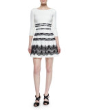 Millie 3/4-Sleeve Lace-Inset Ponte Dress, Ivory