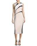 Sleeveless Bicolor Crepe Sheath Dress, Black/Pink