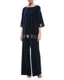 Velour Wide-Leg Pants, Navy