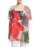 Short-Sleeve Tropical Orchid-Print Caftan, Plus Size