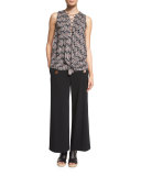 Sleeveless Floral Silk Lace-Up Top, Black/Multicolor