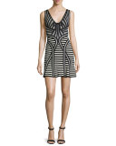 Sleeveless Stripe-Knit Flutter-Hem Dress, Black