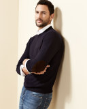 Fine-Gauge Knit Elbow-Patch Sweater, Navy