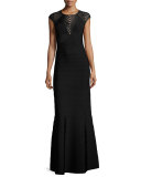 Cap-Sleeve Chevron Mesh Gown, Black