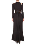 Cutout Waist & Shoulder Long-Sleeve Gown, Black
