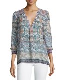 Aceline Mosaic-Print Silk Top, Pink