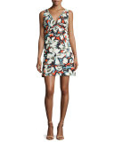 Sleeveless V-Neck Gardenia-Print Mini Dress, Multi