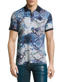 Snakeskin-Print Polo Shirt, Gray/Blue