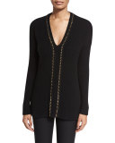 Ribbed V-Neck Pullover Sweater, Black/Gold