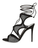 Crystal-Embellished Suede Ankle-Wrap Sandal, Black/Chrome